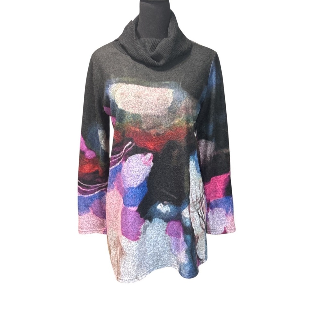 Trisha Tyler Artistic Cowl Neck Watercolor Tunic Sweater, Medium,